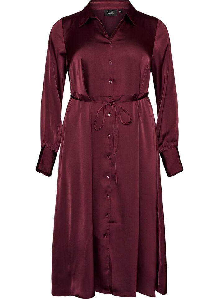 Satin shirt dress with a tie-belt, Red, Packshot image number 0