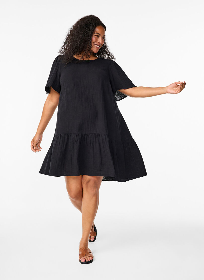 Cotton short-sleeved dress with a-line cut, Black, Model image number 2