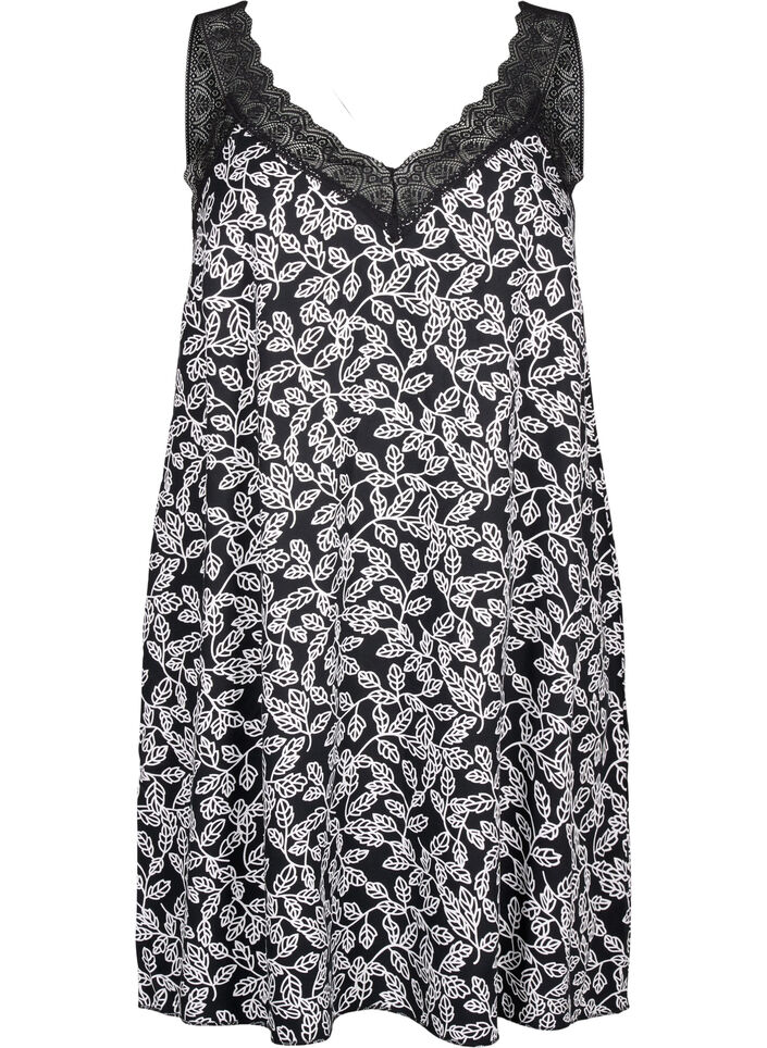Strap dress in viscose with lace, Black w. Wh.Leaf AOP, Packshot image number 0