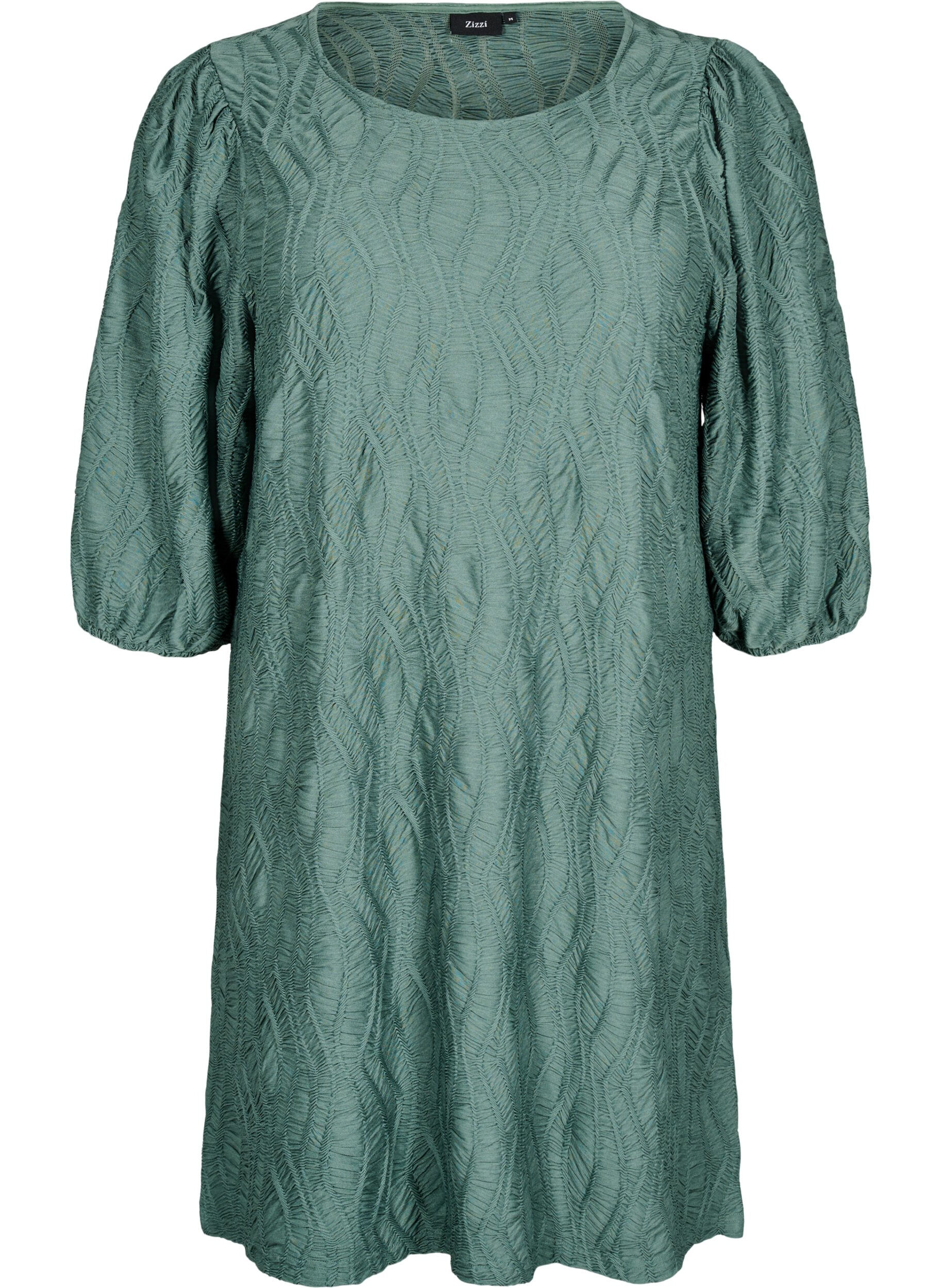 Zizzifashion Short dress with texture and 3/4 sleeves, Green, Packshot image number 0
