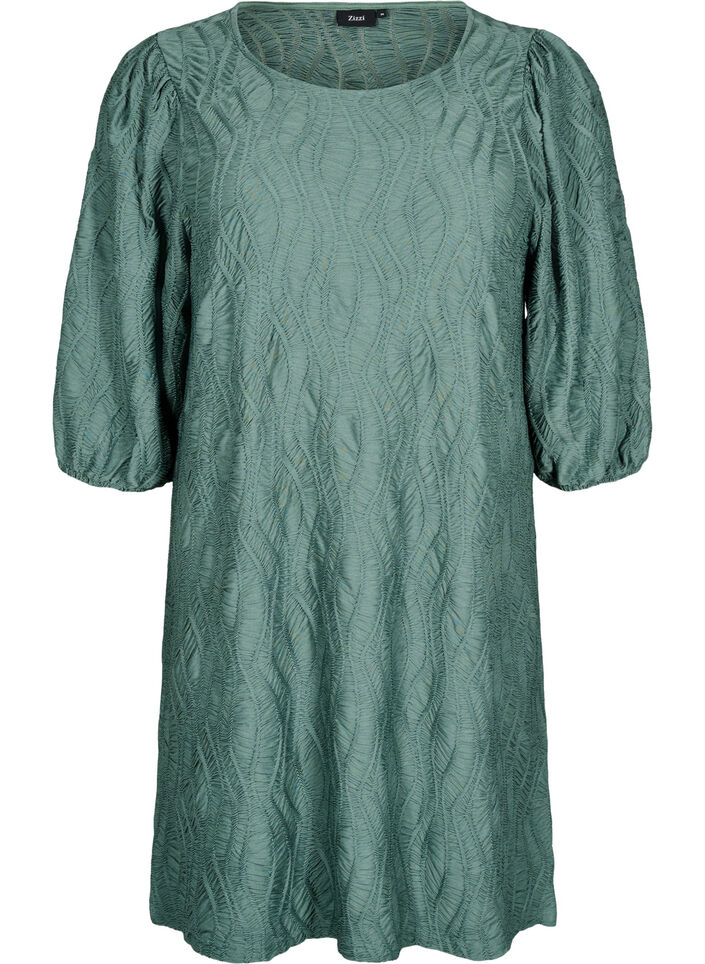 Short dress with texture and 3/4 sleeves, Green, Packshot image number 0