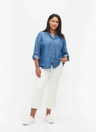Shirt with 3/4 sleeves and round neckline, Medium Blue Denim, Model image number 2