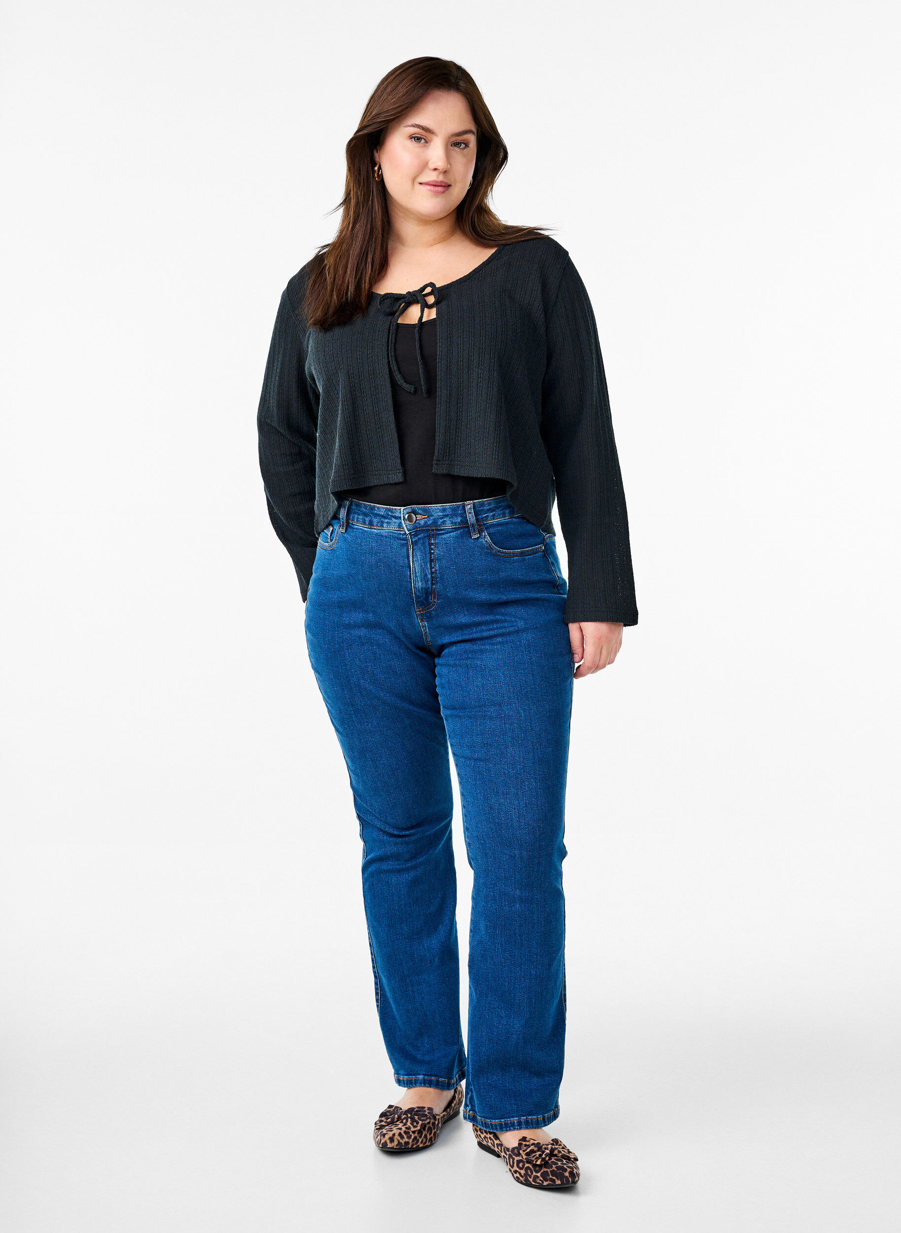 ZizzifashionJersey cardigan with texture and tie front, Black, Model image number 1