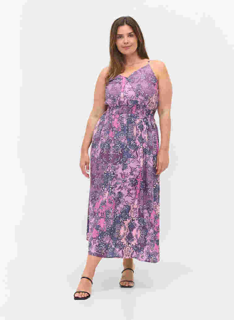 Sleeveless viscose midi dress with a paisley print, Purple Paisley, Model image number 2