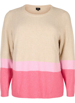 Striped knitted jumper with round neckline, Hot Pink Comb, Packshot image number 0