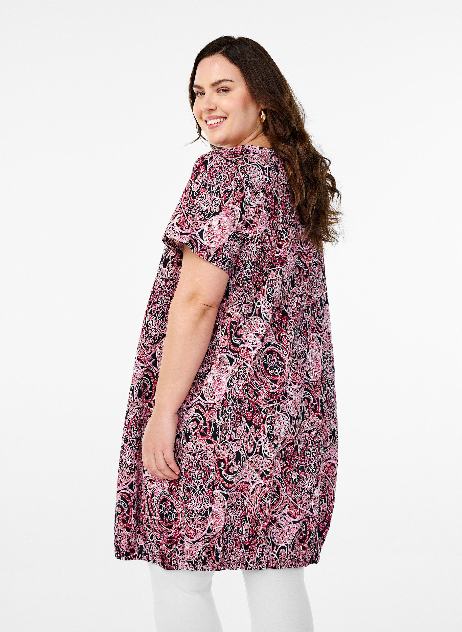 ZizzifashionShort-sleeved cotton dress with print, Black, Model image number 2
