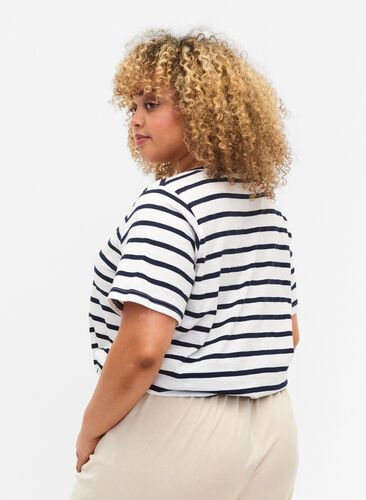 Striped cotton t-shirt with v-neck, Bright White Stripe, Model image number 1