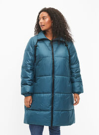 Shiny puffer jacket with zipper and pockets, Deep Teal, Model