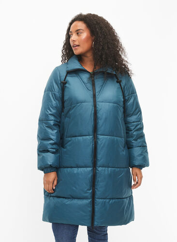 Shiny puffer jacket with zipper and pockets, Deep Teal, Model image number 0
