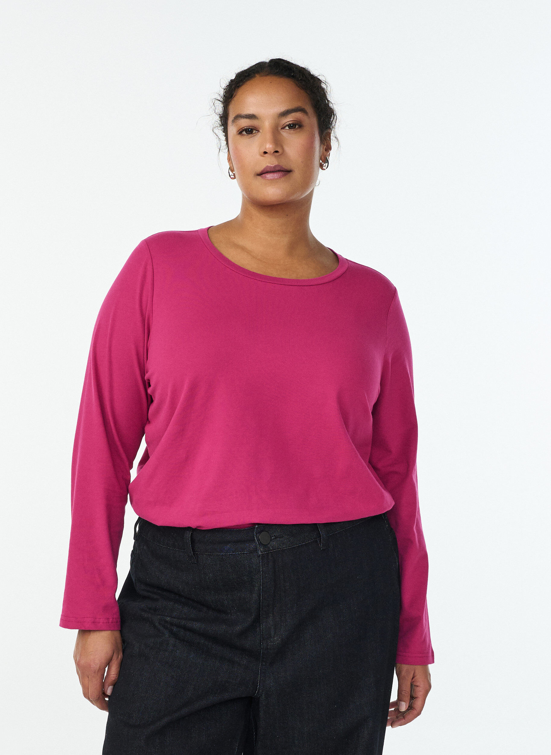 Basic jersey top with long sleeves, Pink, Model