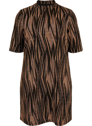 Patterned dress with glitter and short sleeves, Black w. Copper, Packshot image number 0