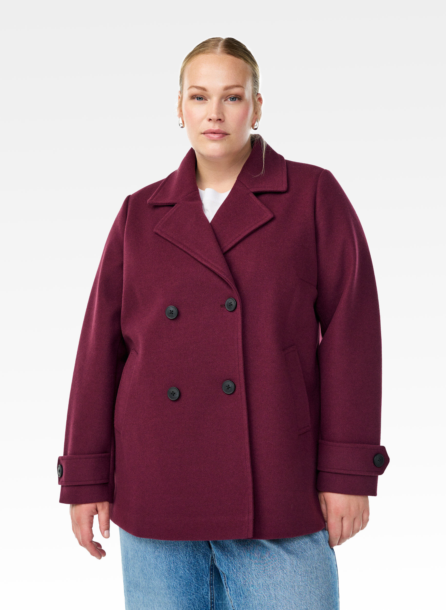 Short coat with double-breasted button closure, Dark Bordeaux, Model