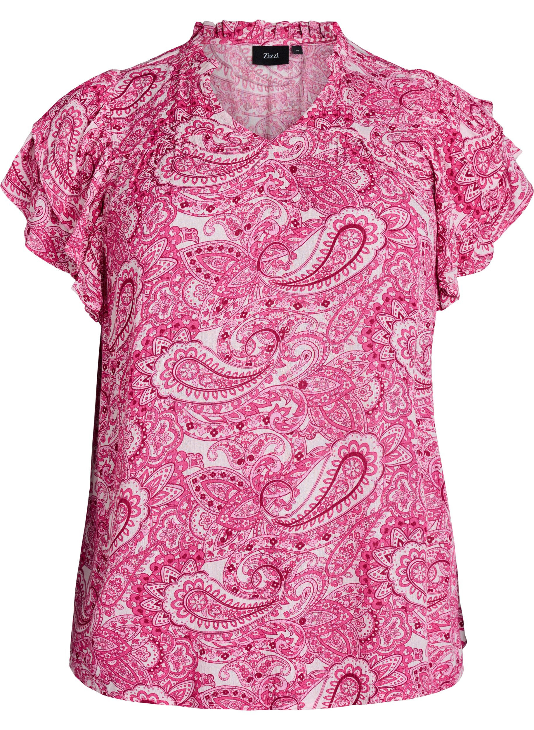 Zizzifashion Patterned viscose blouse with ruffle details, Pink, Packshot image number 0