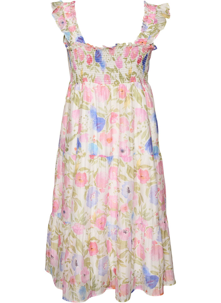 Long floral dress in lyocell with ruffles, White, Packshot image number 1