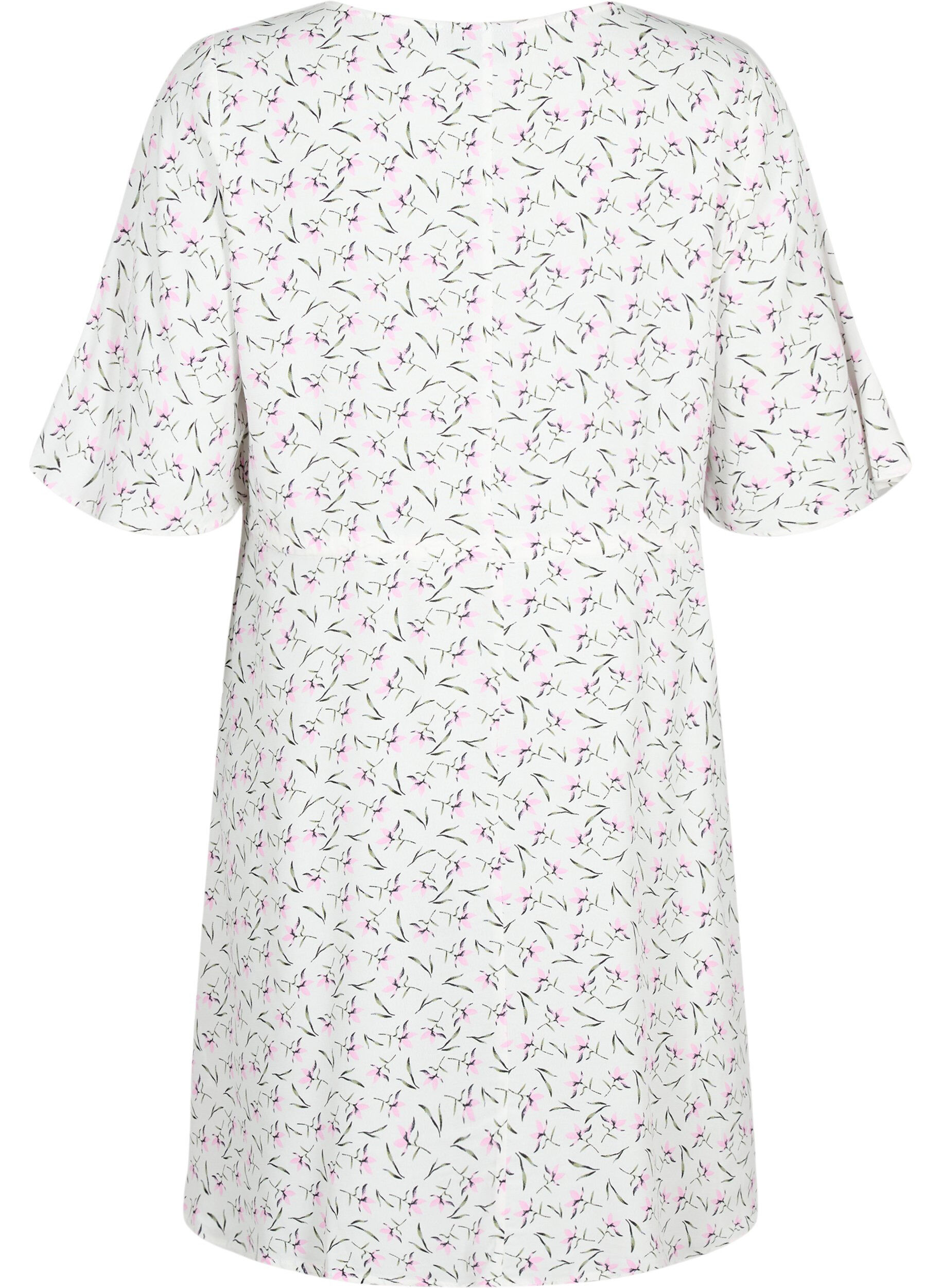 Zizzifashion Dress with 1/2 sleeves and floral print in viscose, White Purple Flower, Packshot image number 1