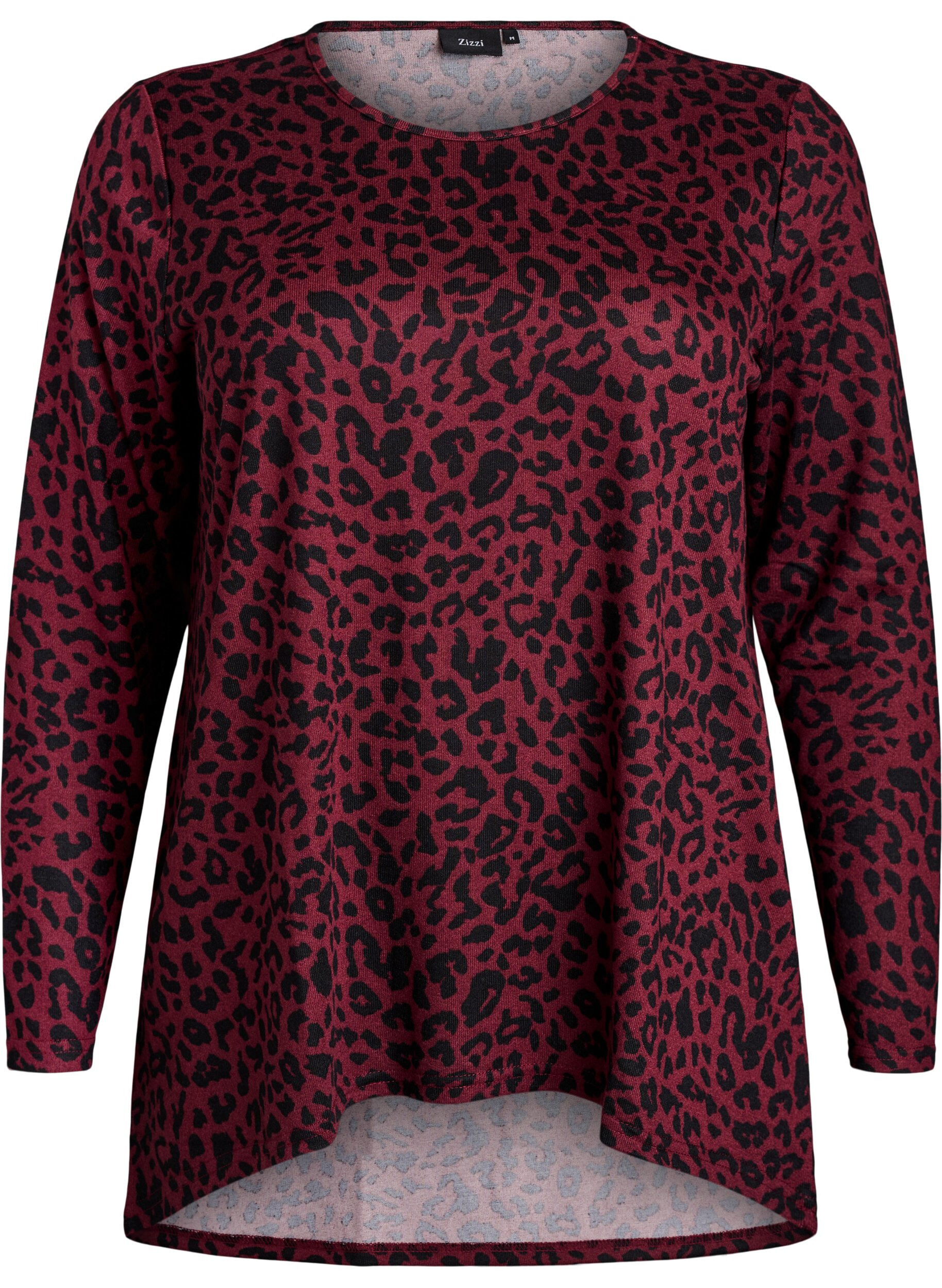 ZizzifashionLeopard print blouse with long sleeves, Dark Bordeaux, Packshot image number 0