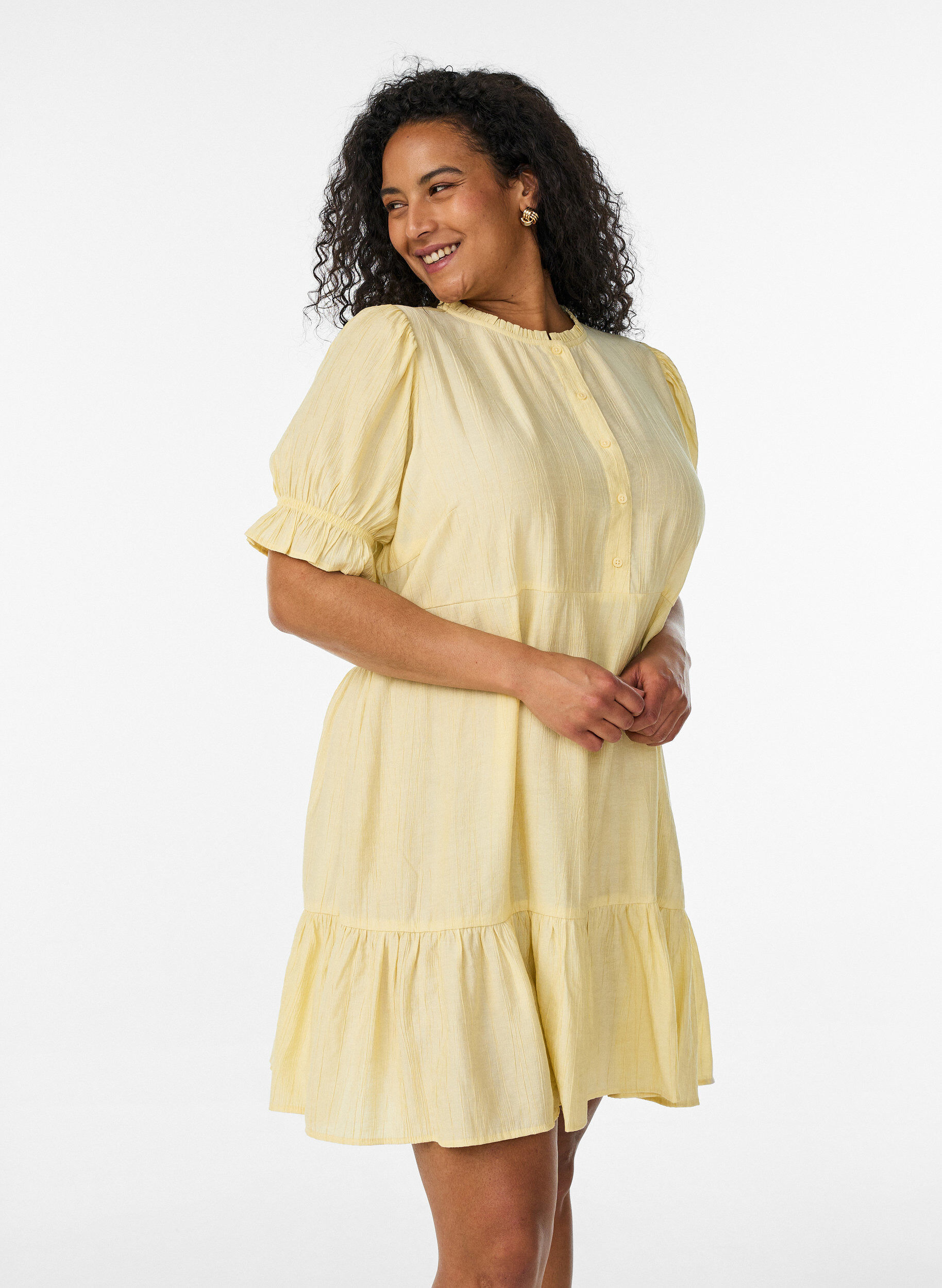Short viscose dress with ruffle details, Yellow, Model