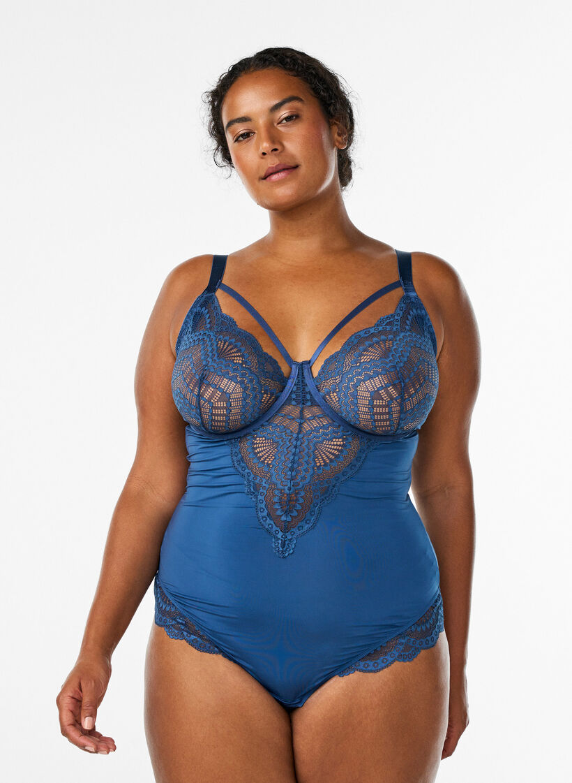Underwired lace body with strap detail, Blue, Model image number 0