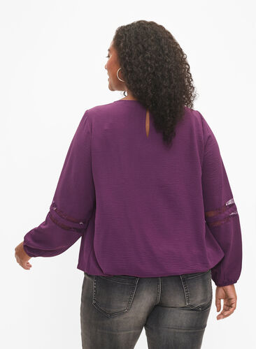 Long-sleeved blouse with lace, Deep Purple, Model image number 1