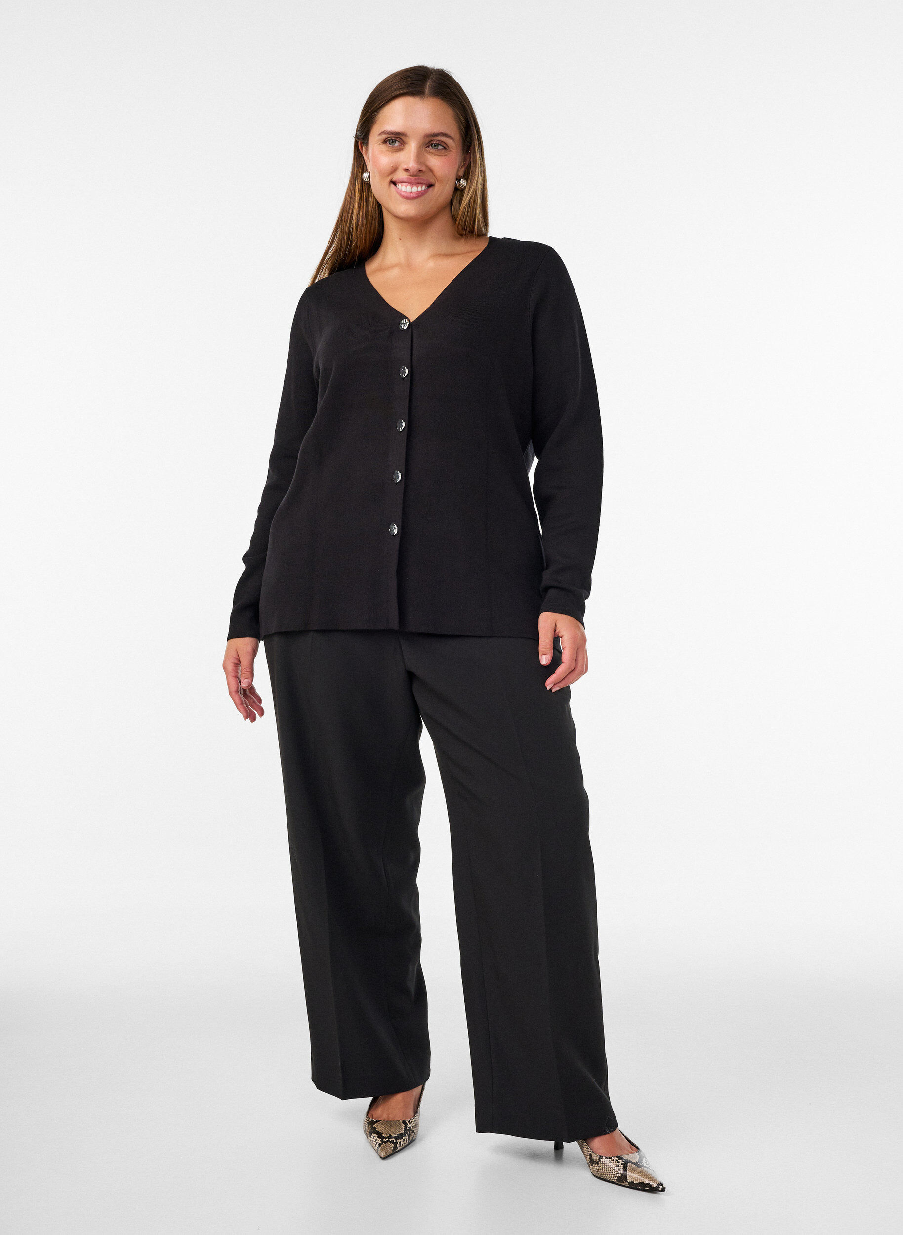 ZizzifashionFine-knit cardigan with decorative buttons, Black, Model image number 1