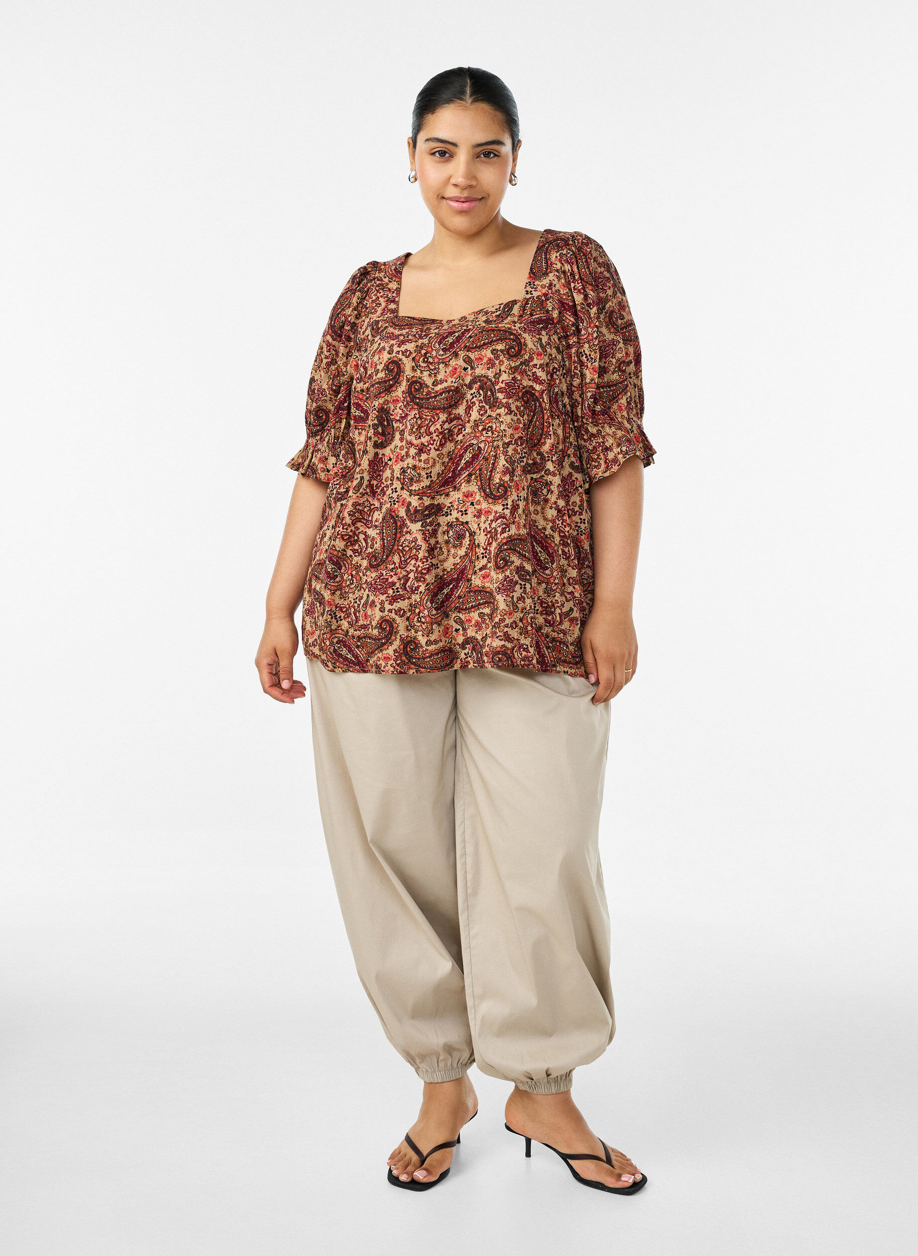 ZizzifashionViscose blouse with paisley print and a square neckline, Brown, Model image number 1