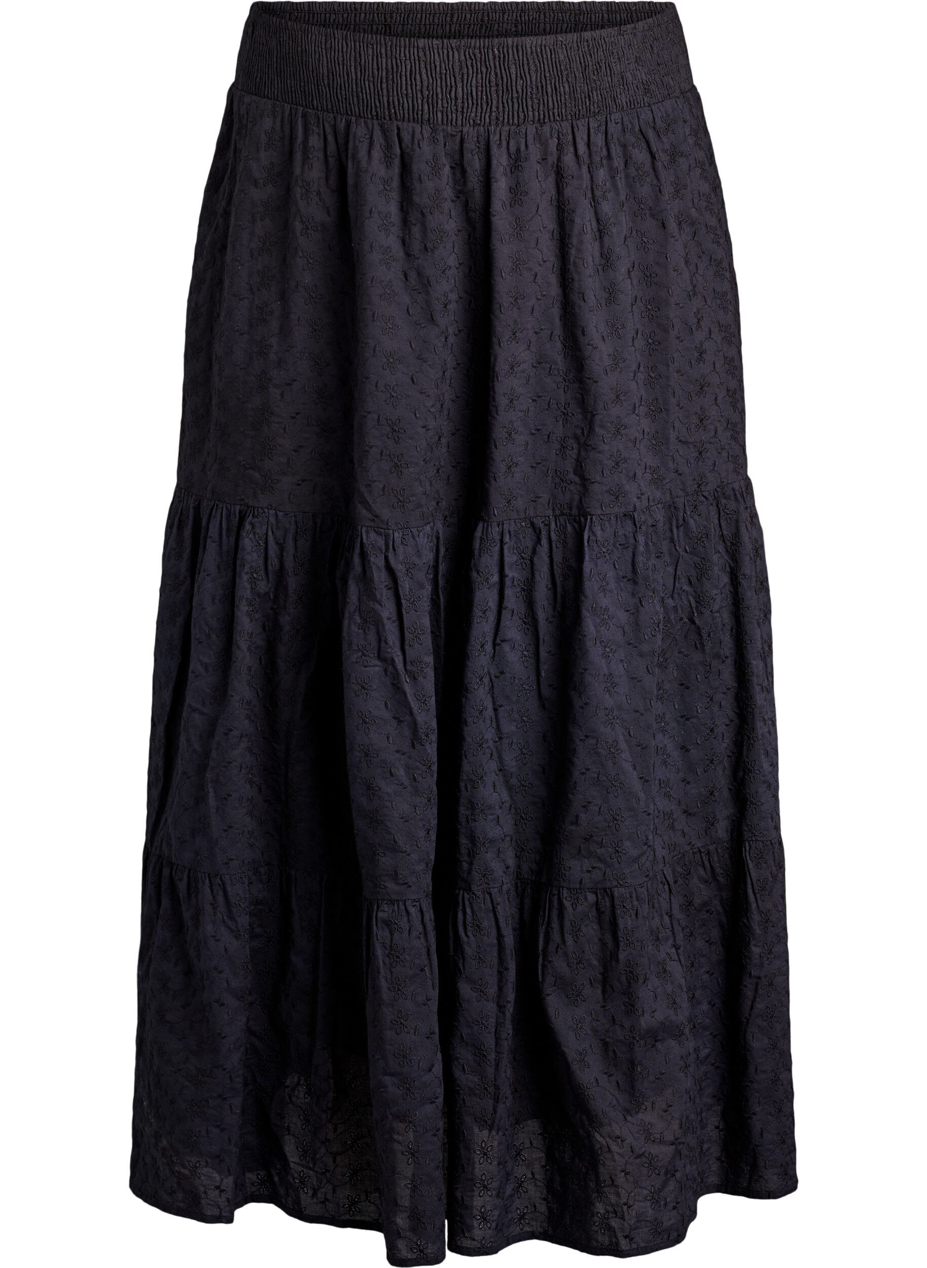 Zizzifashion Ankle-length cotton skirt with a smocked waist, Black, Packshot image number 0