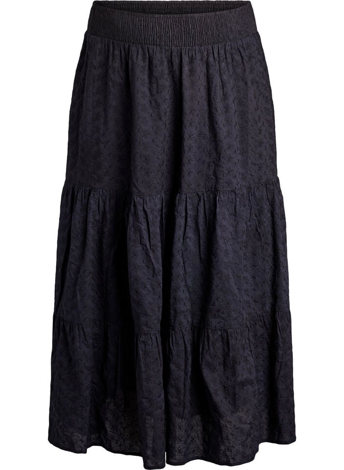 Ankle-length cotton skirt with a smocked waist, Black, Packshot image number 0