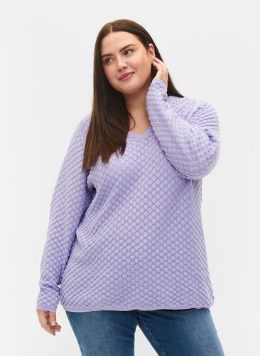 Patterned knitted top with v-neckline, Lavender, Model image number 0