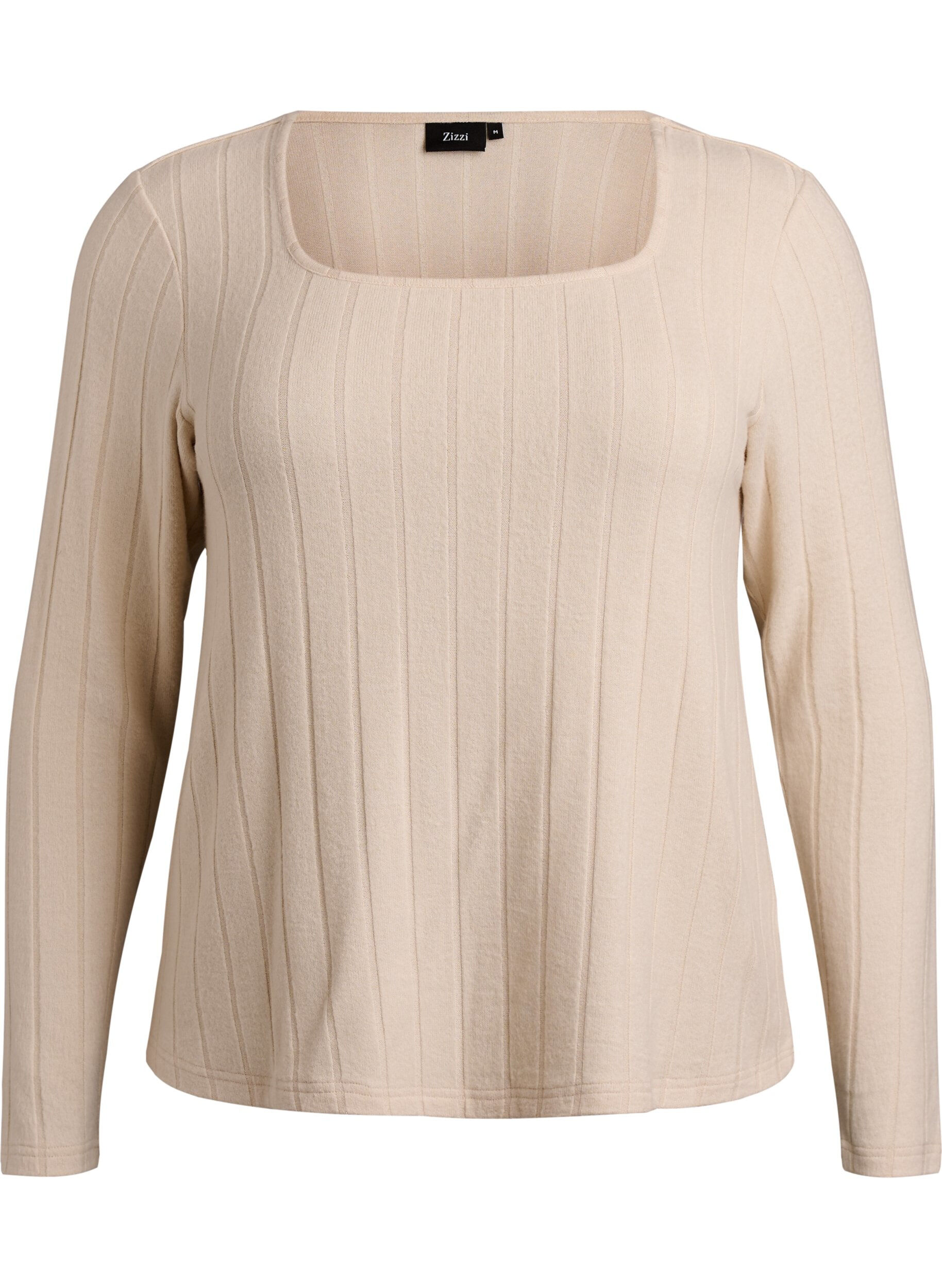 Zizzifashion Jersey blouse with a square neck and ribbed texture, Beige, Packshot image number 0