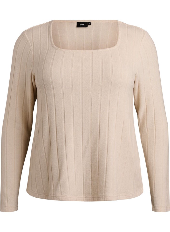 Jersey blouse with a square neck and ribbed texture, Beige, Packshot image number 0