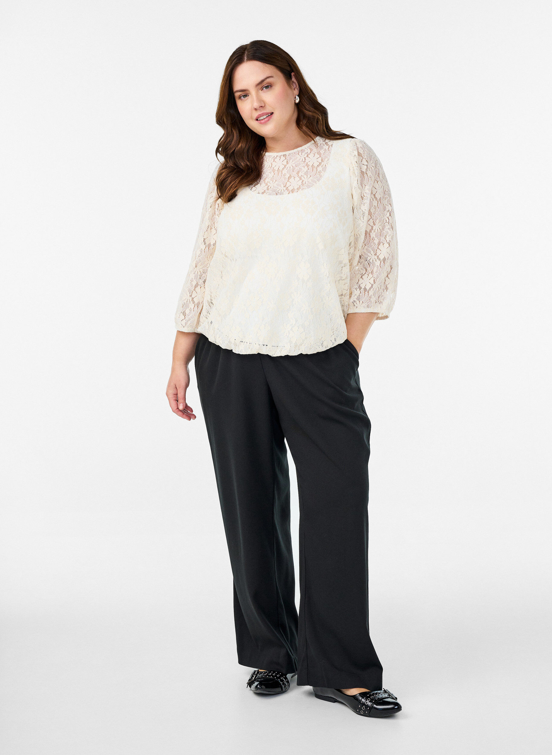 Zizzifashion Lace blouse with 3/4 sleeves, Vanilla, Model image number 1