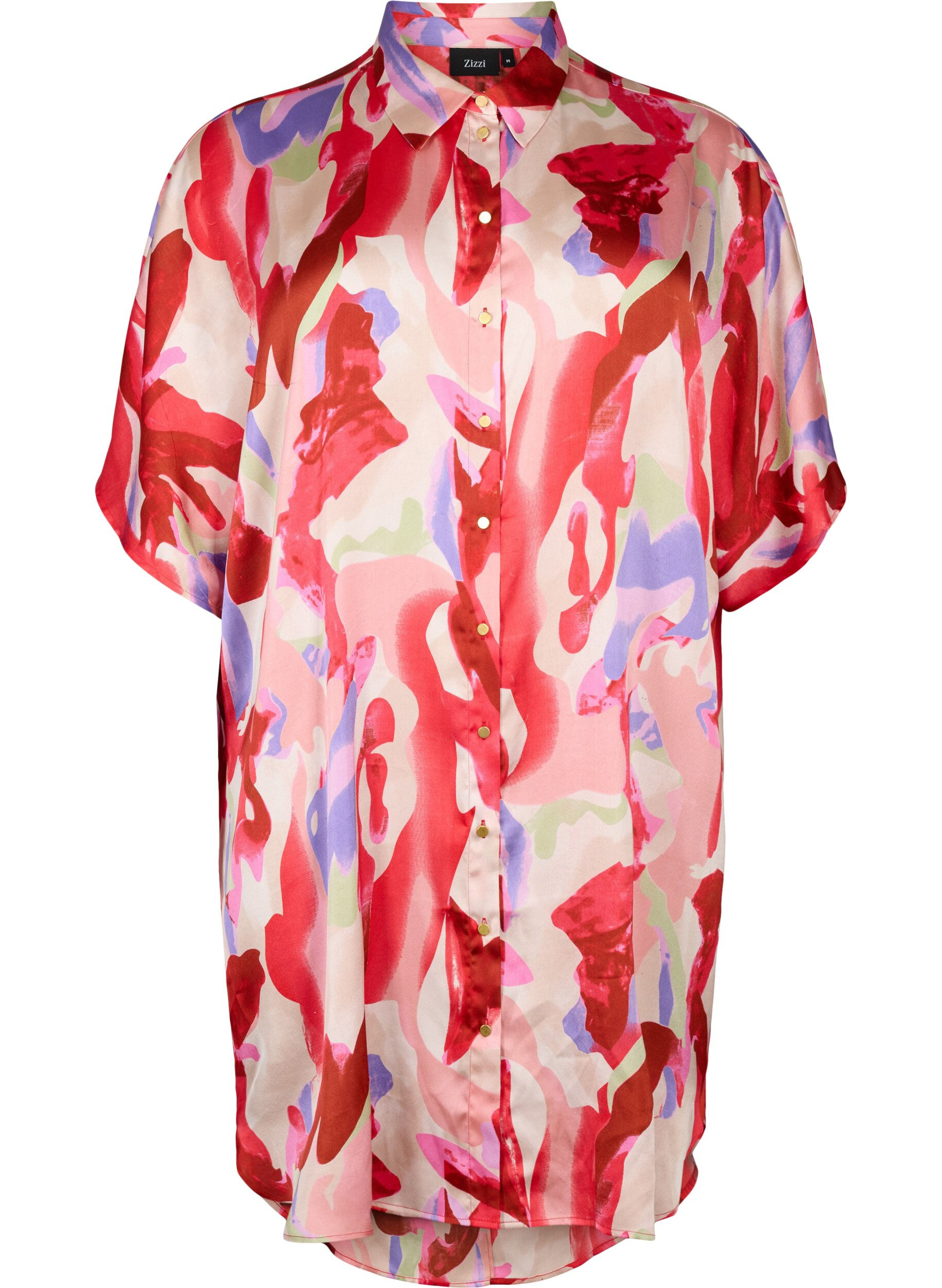 Zizzifashion Long satin shirt with print, Geranium Graphic AOP, Packshot image number 0
