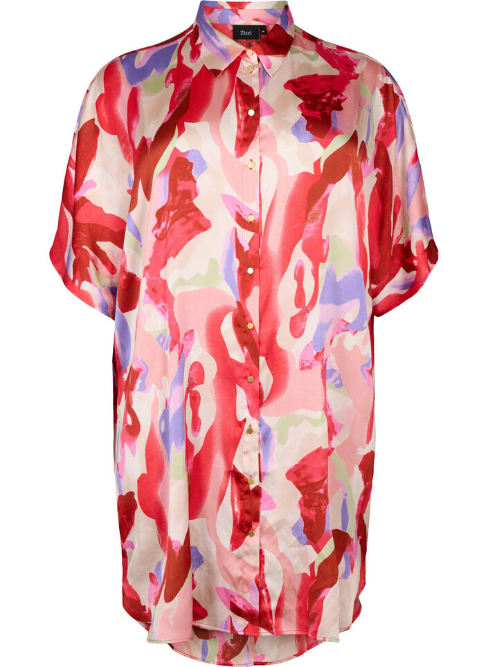 Long satin shirt with print, Geranium Graphic AOP, Packshot image number 0