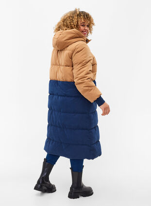 Long winter jacket with colour block, Tobacco Brown w/navy, Model image number 1