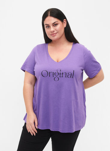 Cotton t-shirt with text print and v-neck, Deep Lavender ORI, Model image number 0