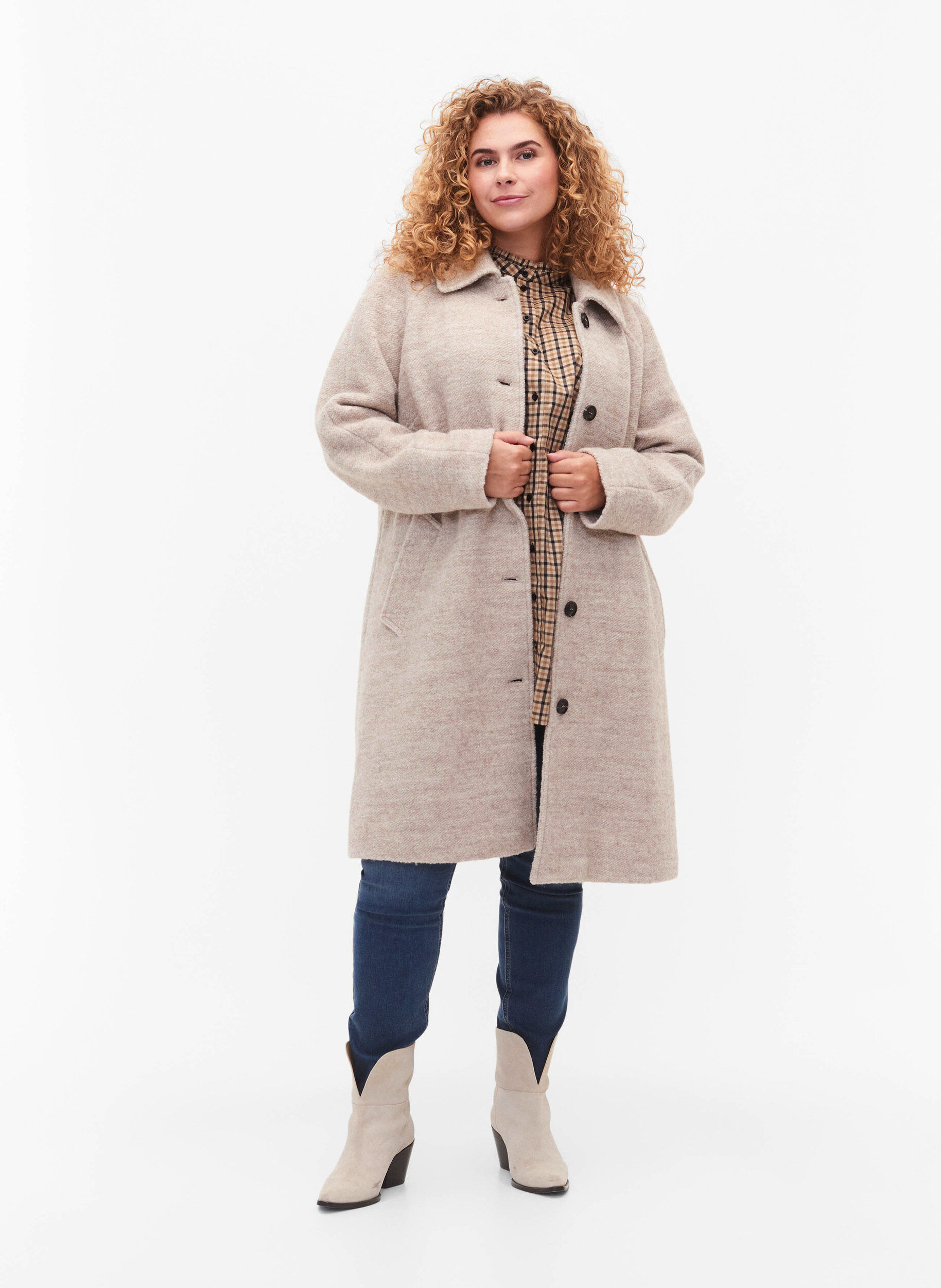 Zizzifashion Plaid boucl&eacute; coat with buttons, Simply Taupe, Model image number 2