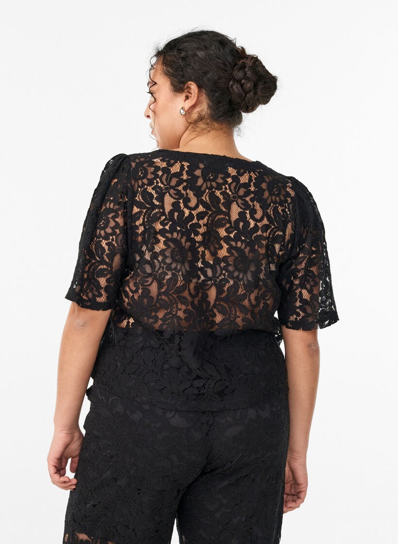 Short-sleeved lace blouse with V-neck, Black, Model image number 2