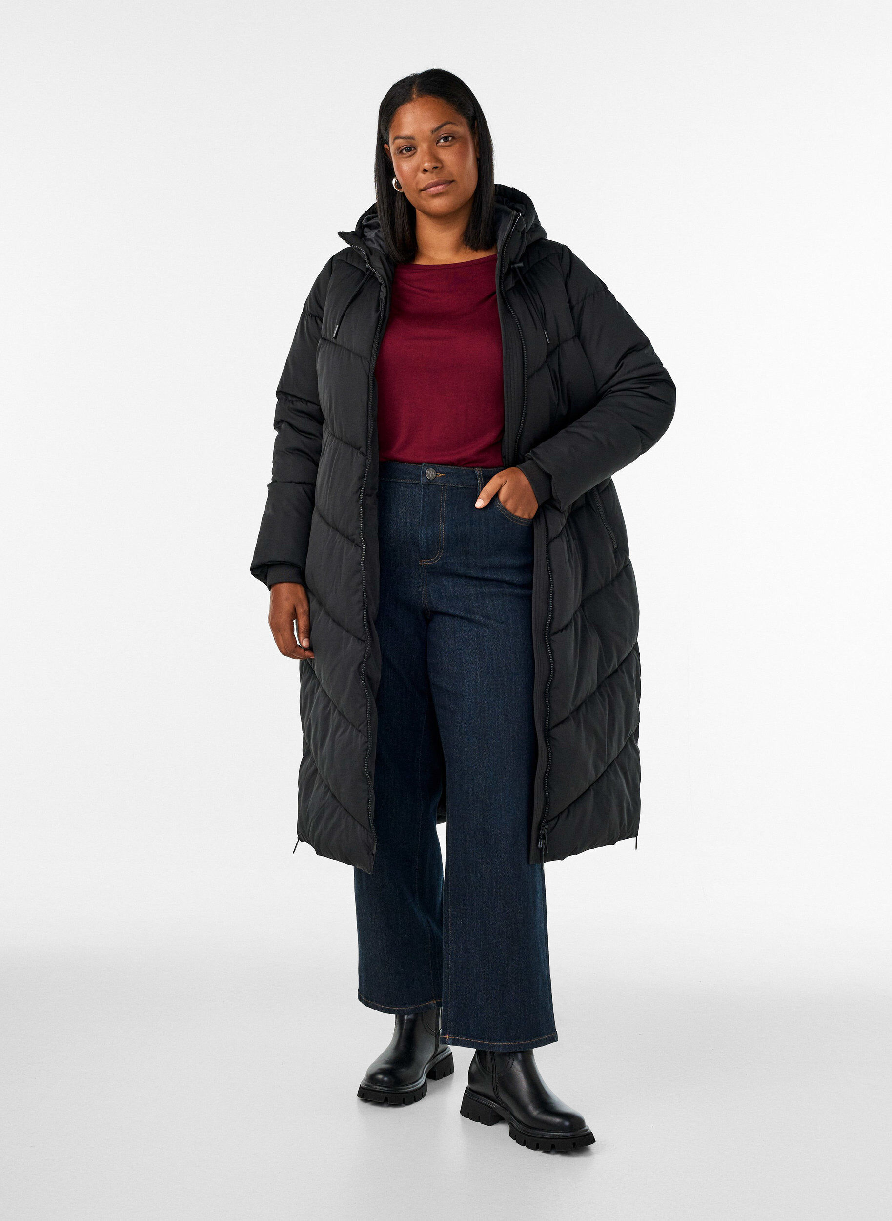 ZizzifashionLong puffer coat with hood and pockets, Black, Model image number 1