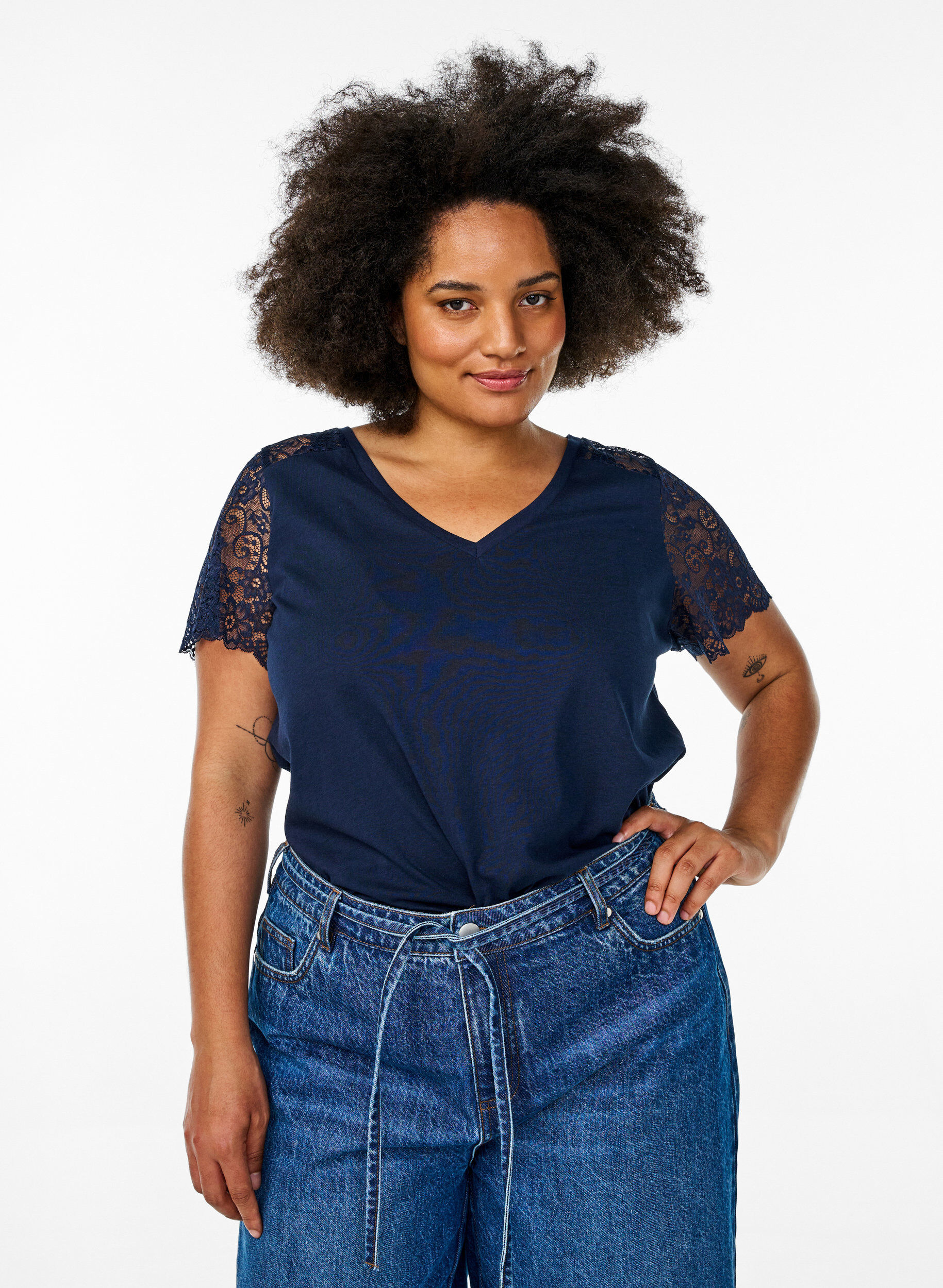 Zizzifashion Cotton t-shirt with short lace sleeves, Blue, Model image number 0