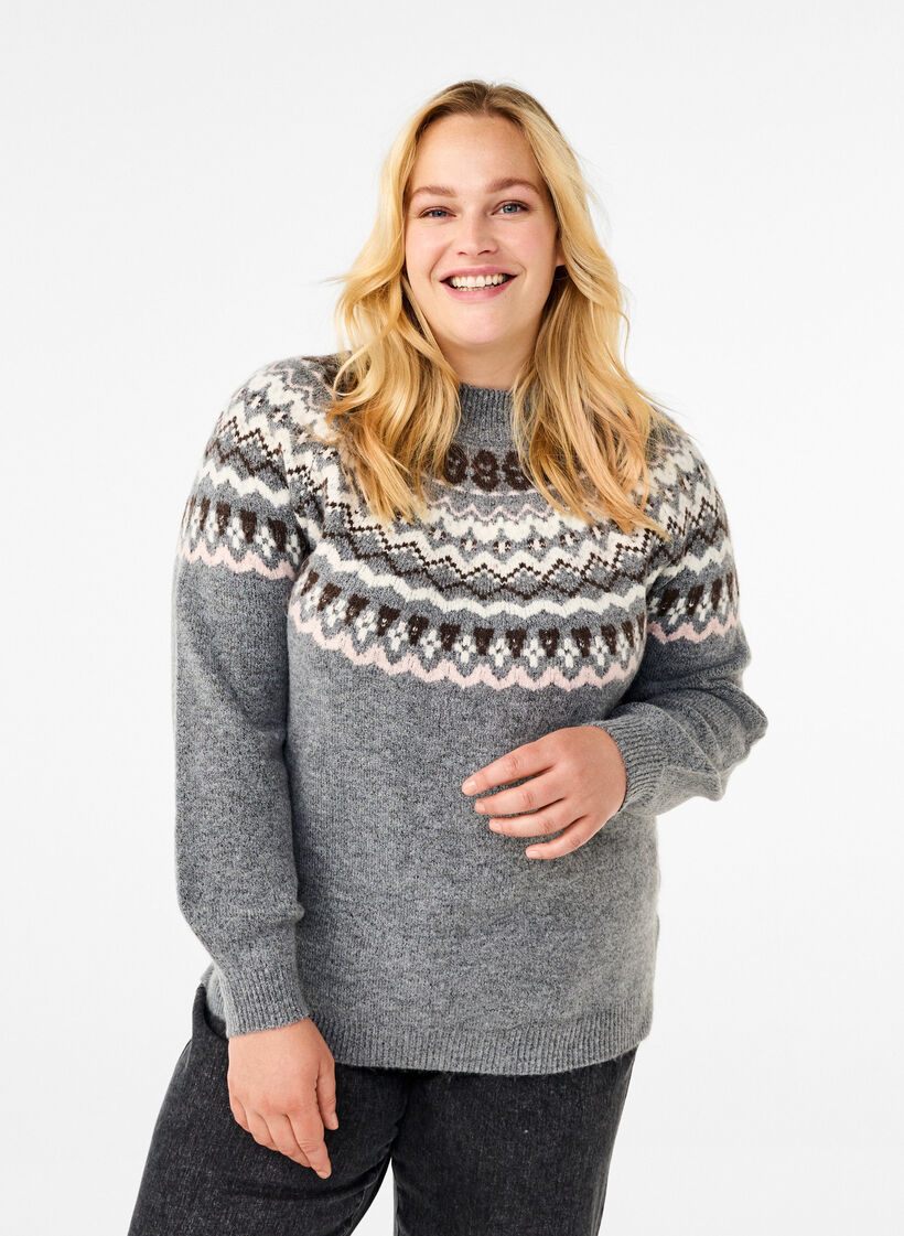 Knitted jumper with patterns and long sleeves, Medium Grey Comb, Model image number 0