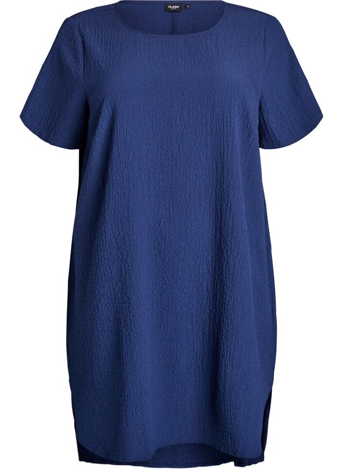 Short dress with a crinkled texture and short sleeves, Blue, Packshot image number 0