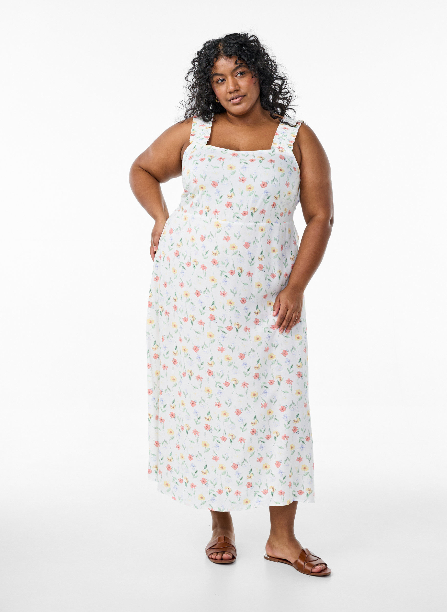 Summer dress with wide straps, White, Model