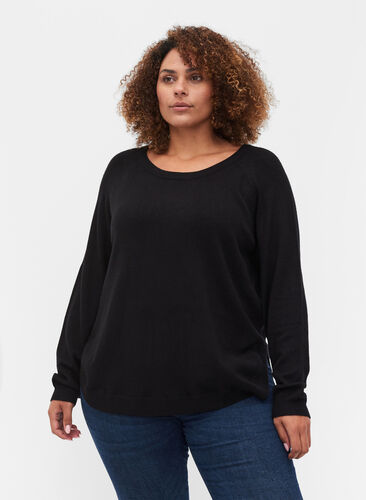 Long-sleeved knitted top with rib details, Black, Model image number 0
