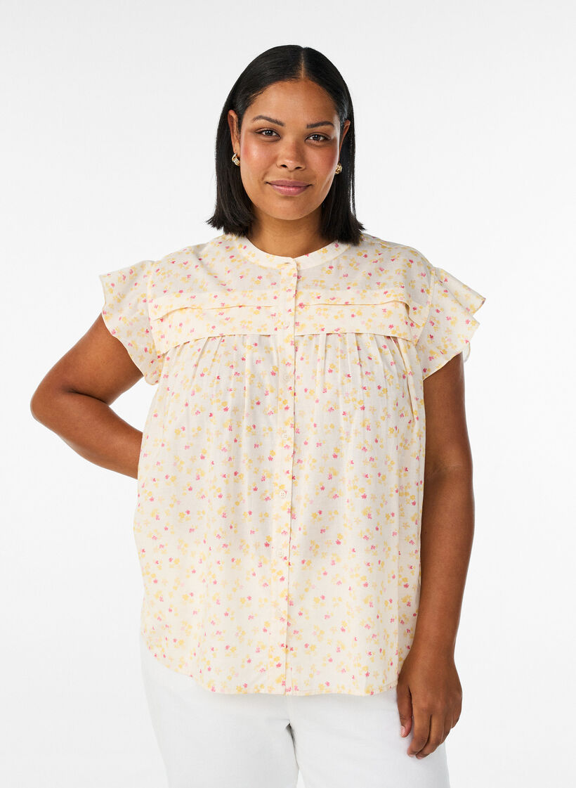 Sleeveless A-line cotton shirt blouse, Yellow, Model image number 0