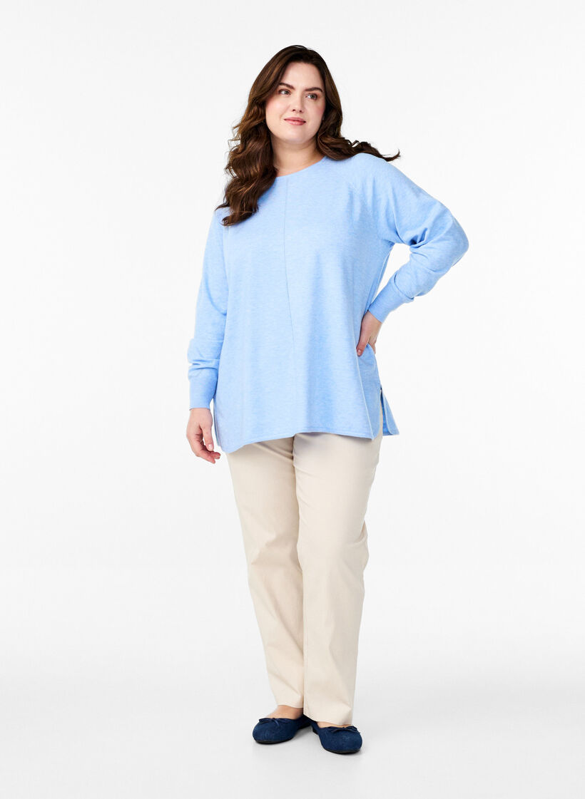 Knitted blouse with round neck and knitted pattern, Light Blue, Model image number 1