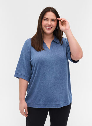 Marled blouse with collar and 2/4 sleeves, Blue Melange, Model image number 0