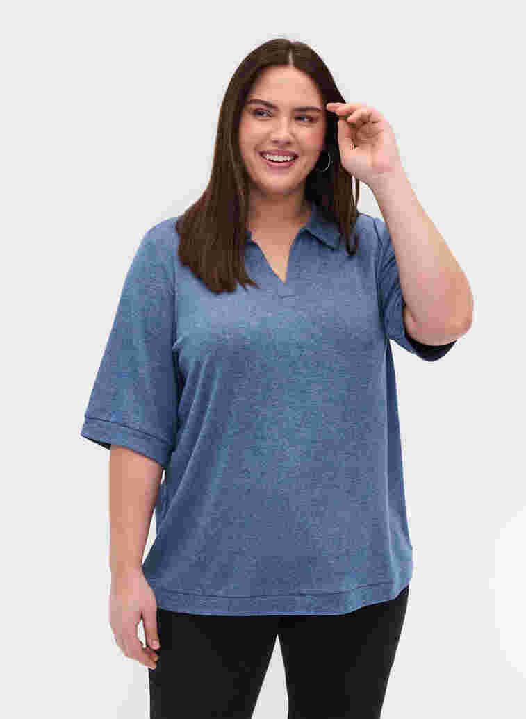 Marled blouse with collar and 2/4 sleeves, Blue Melange, Model