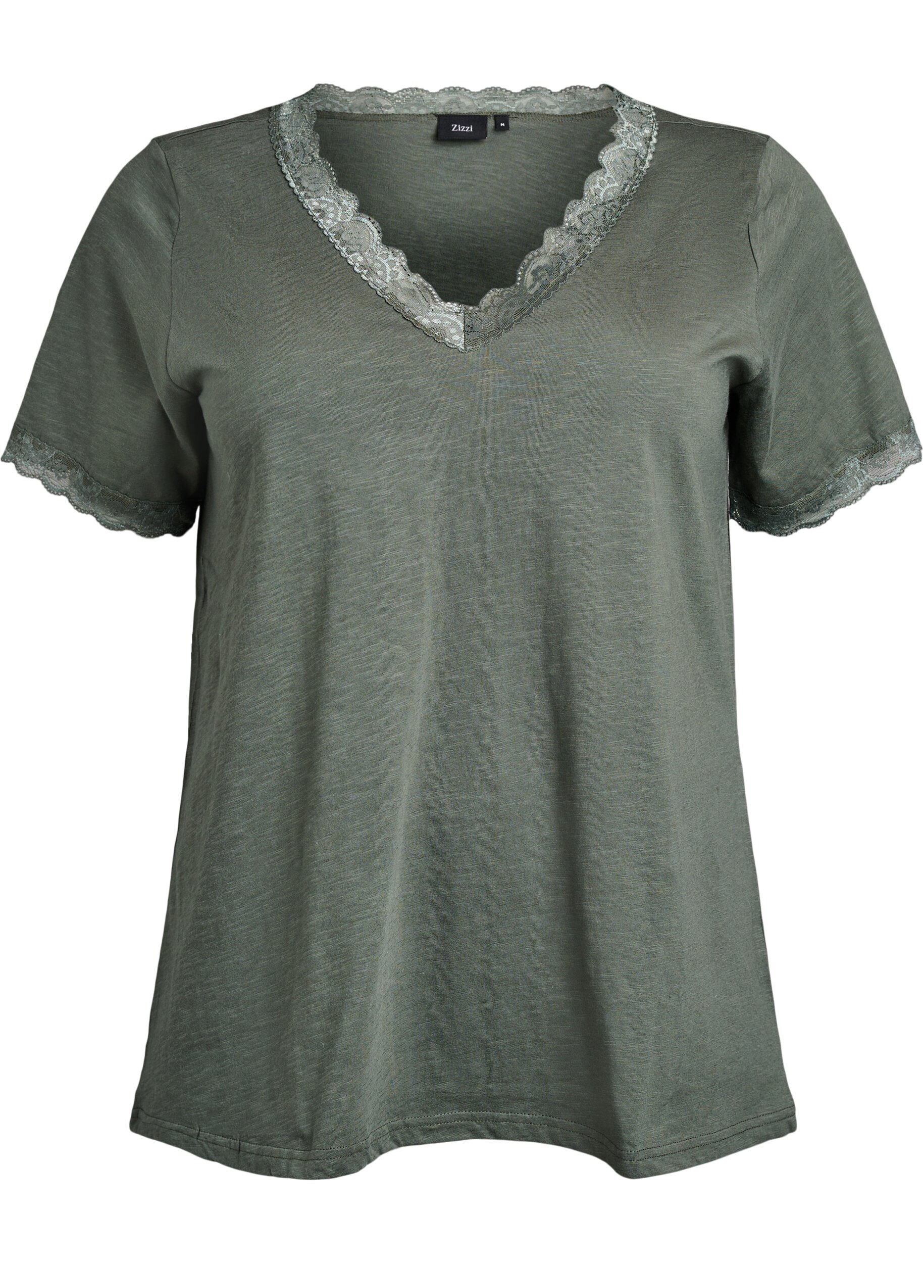 Zizzifashion T-shirt with lace trim, Green, Packshot image number 0