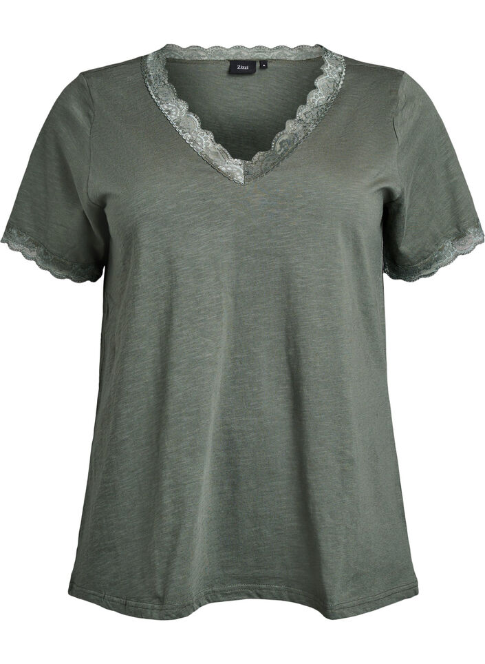 T-shirt with lace trim, Green, Packshot image number 0