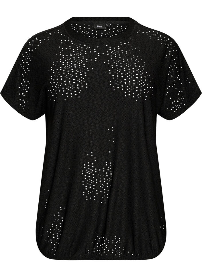 Blouse with eyelet embroidery and balloon-effect, Black, Packshot image number 0